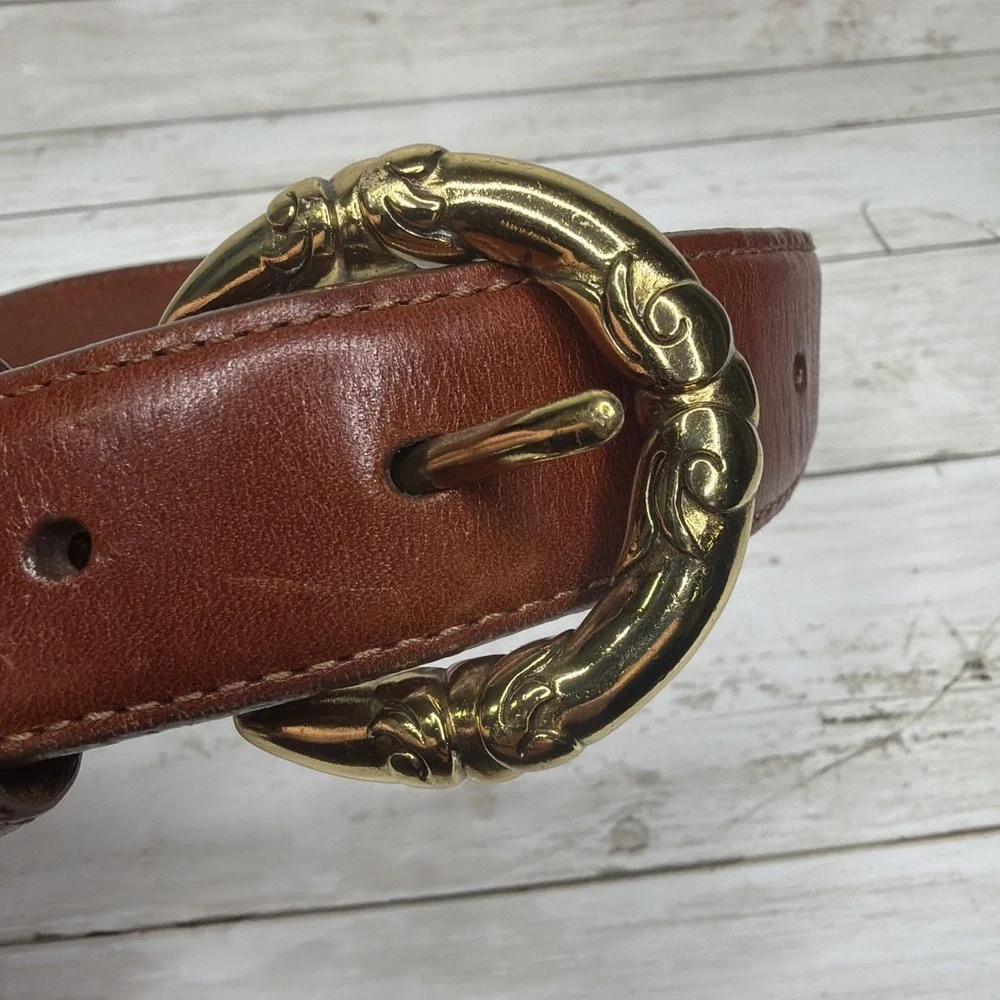 Talbots Brown Leather Belt Women Sz S Made In USA Ornate Gold Sculptural Buckle